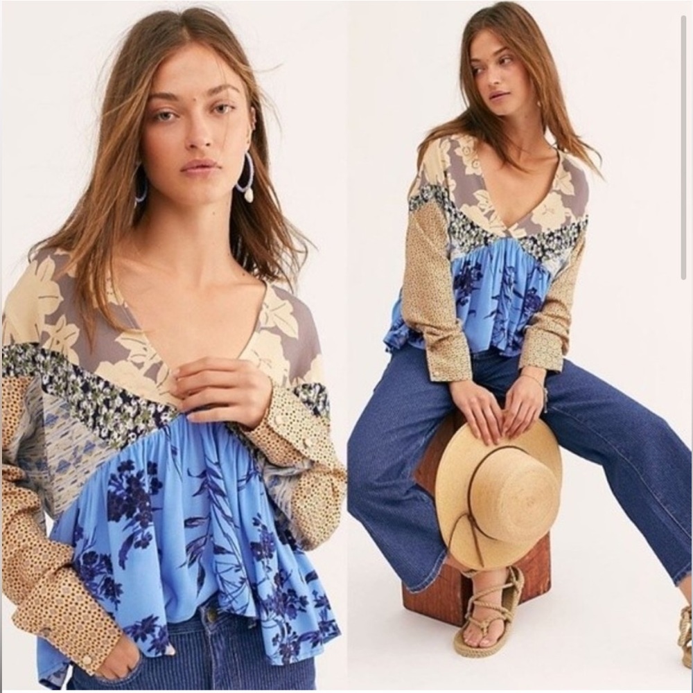 Free People “Aloha State of Mind” patchwork peplum cropped top
